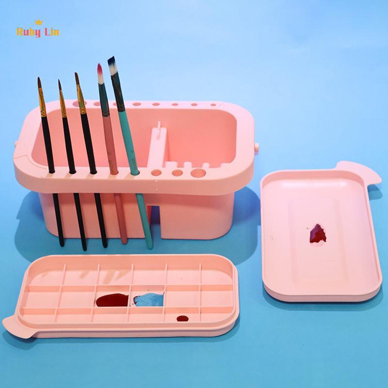 Ruby Lin Multi-Use Paint Brush Basin พร้อมที่ใส่แปรง,Washer,Trays,Palette Box-Artist Cleaner Cup สําหรับภาพวาดสีน้ํามันสีน้ําพร้อมฝาปิด Nice