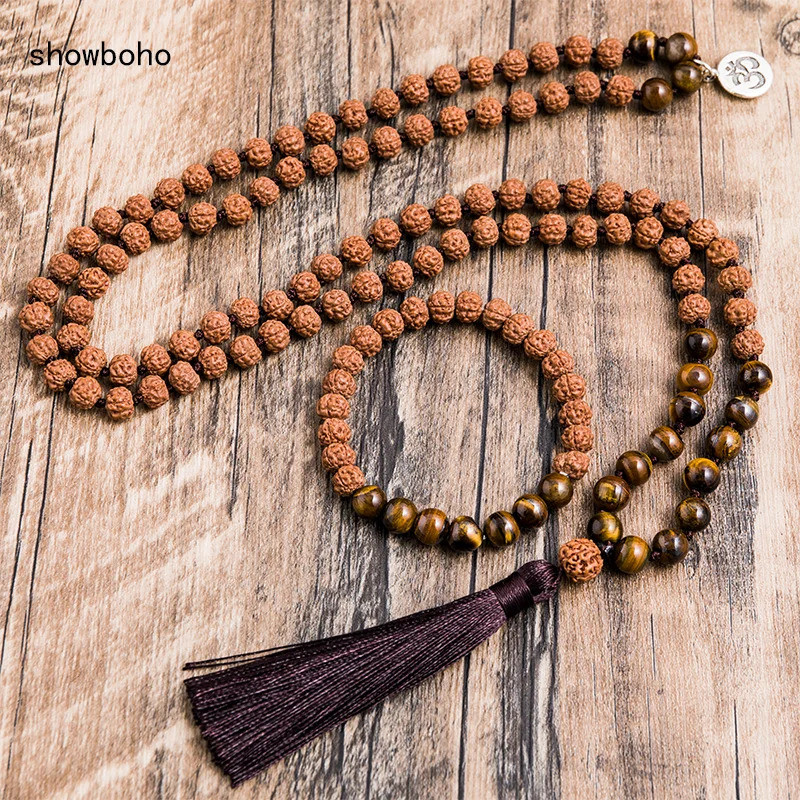 Original Rudraksha และ Tiger Eye Beads Mala ขนาด 8 มม.สีเหลือง สำหรับการสมาธิและโยคะ เหมาะทั้งผู้ชาย