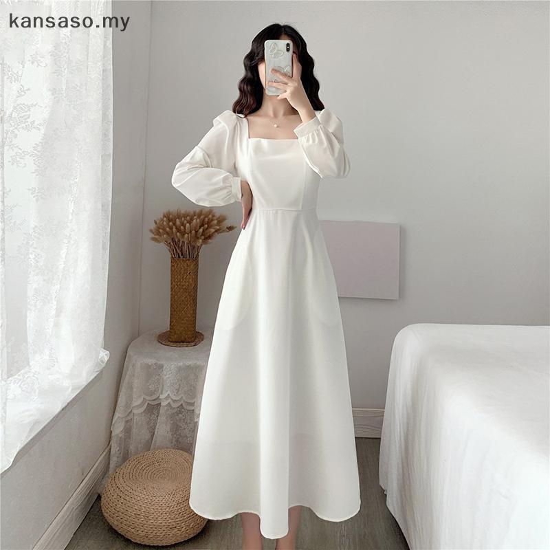 [KSA] ชุดเดรสแขนยาวคอปกทรงสี่เหลี่ยมสไตล์เรโทรแฟชั่นและเดรสสีขาวสําหรับผู้หญิง [MY]