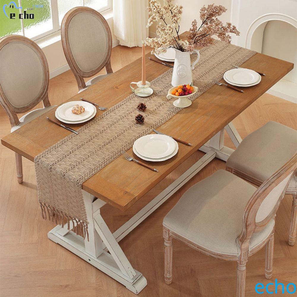 PIVOT Boho Table Runner, Ramie ผ้าปูโต๊ะถัก,สไตล์ชนบทในครัวเรือนพร้อมพู่ตกแต่งโต๊ะรับประทานอาหารสี่เ
