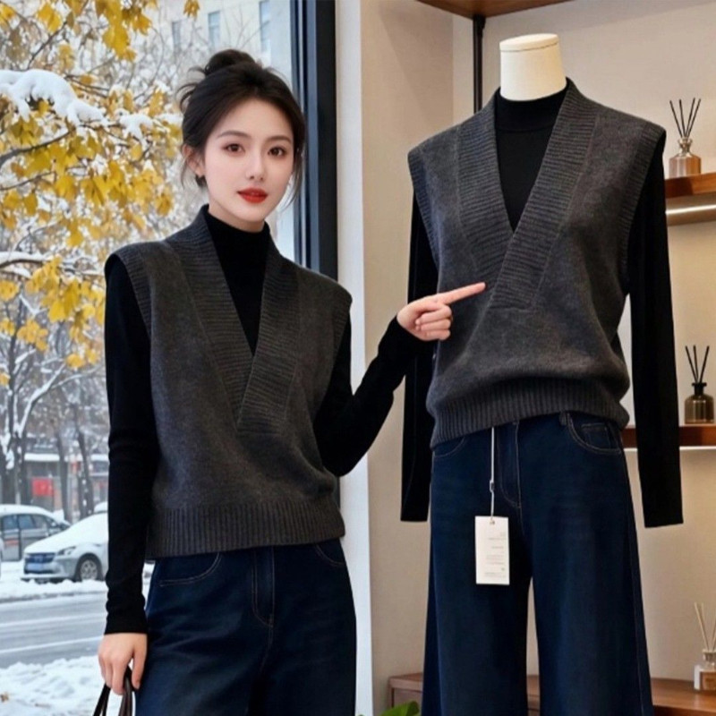 เสื้อกั๊กผู้หญิงแบบใหม่ คอวี สไตล์แฟชั่น สีเทา ทรงหลวม