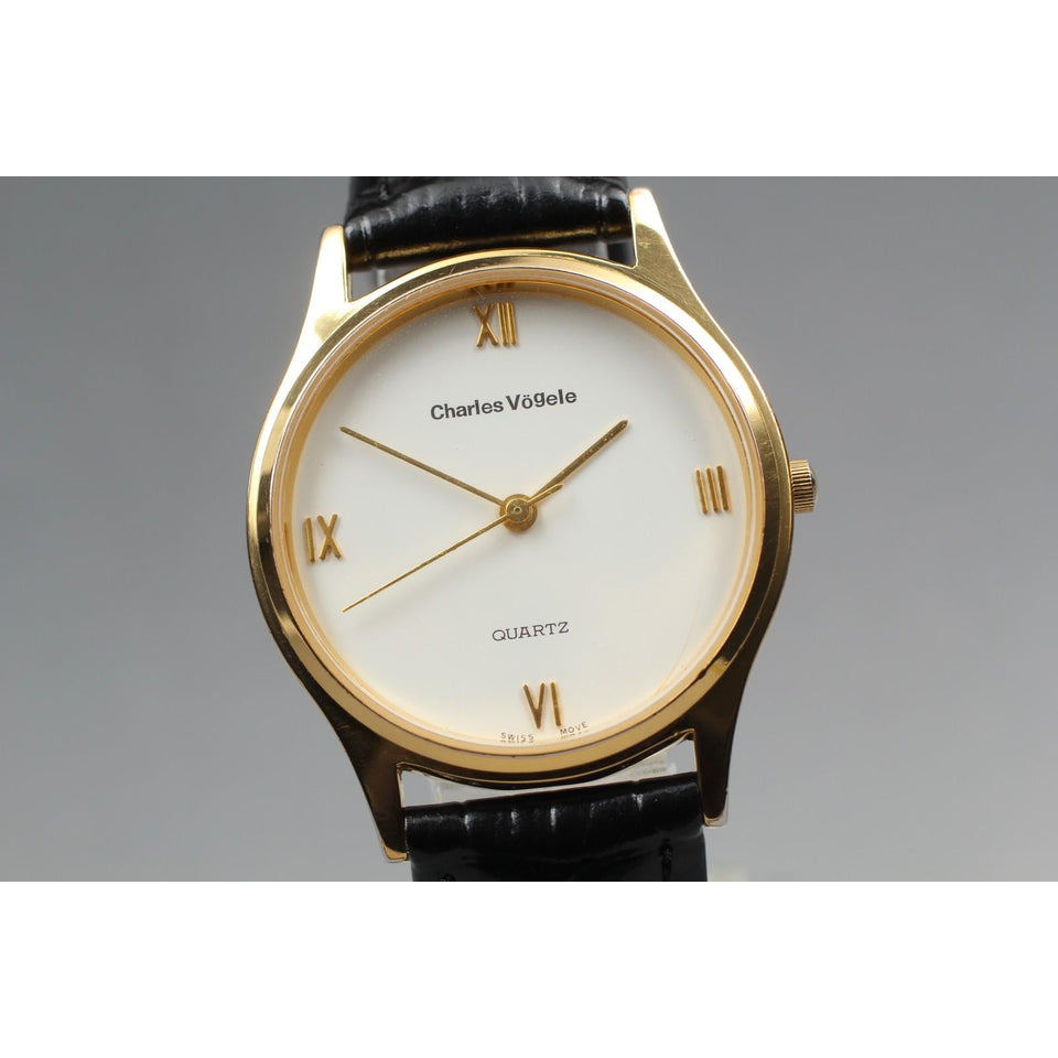 Swiss made [near mint] charles vogele cv-7271-1 gold roman 30mm qz men's watch