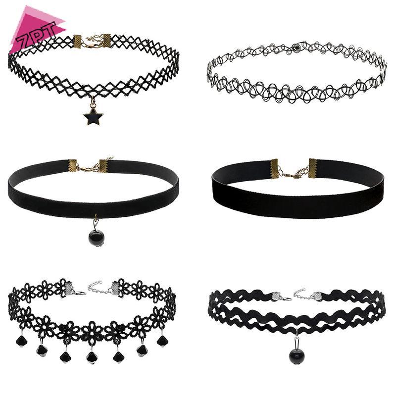 กำมะหยี่ชอกเกอร์สำหรับผู้หญิง พร้อมสร้อยคอมุกและลายทัตtoo 6pcs