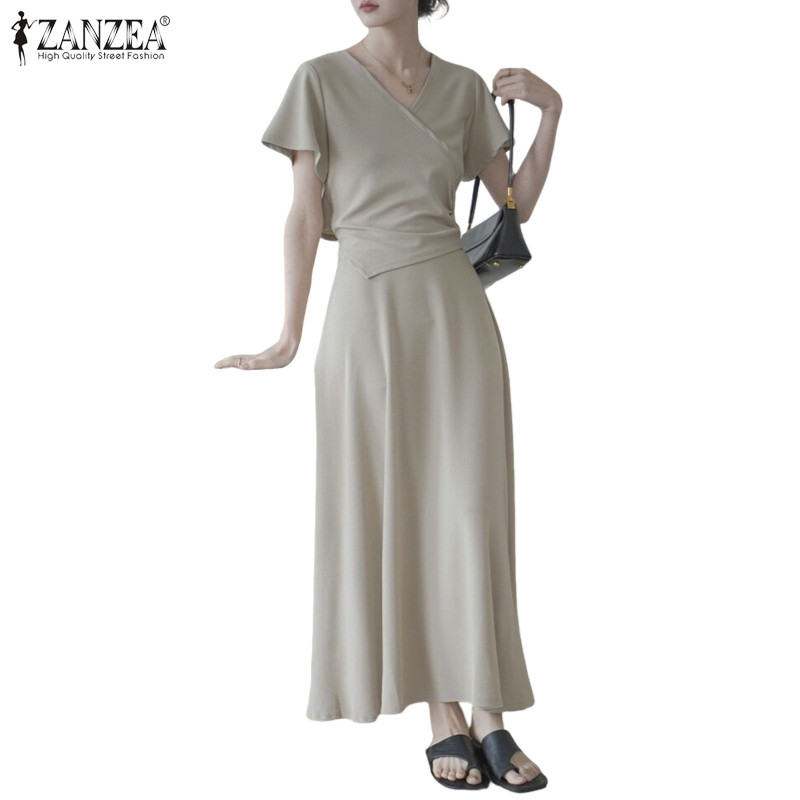 ZANZEA ชุดสองชิ้นสไตล์เกาหลีสำหรับผู้หญิง แขนสั้น คอวี กางเกงในเซตพร้อมกระโปรงเอวยางยืด