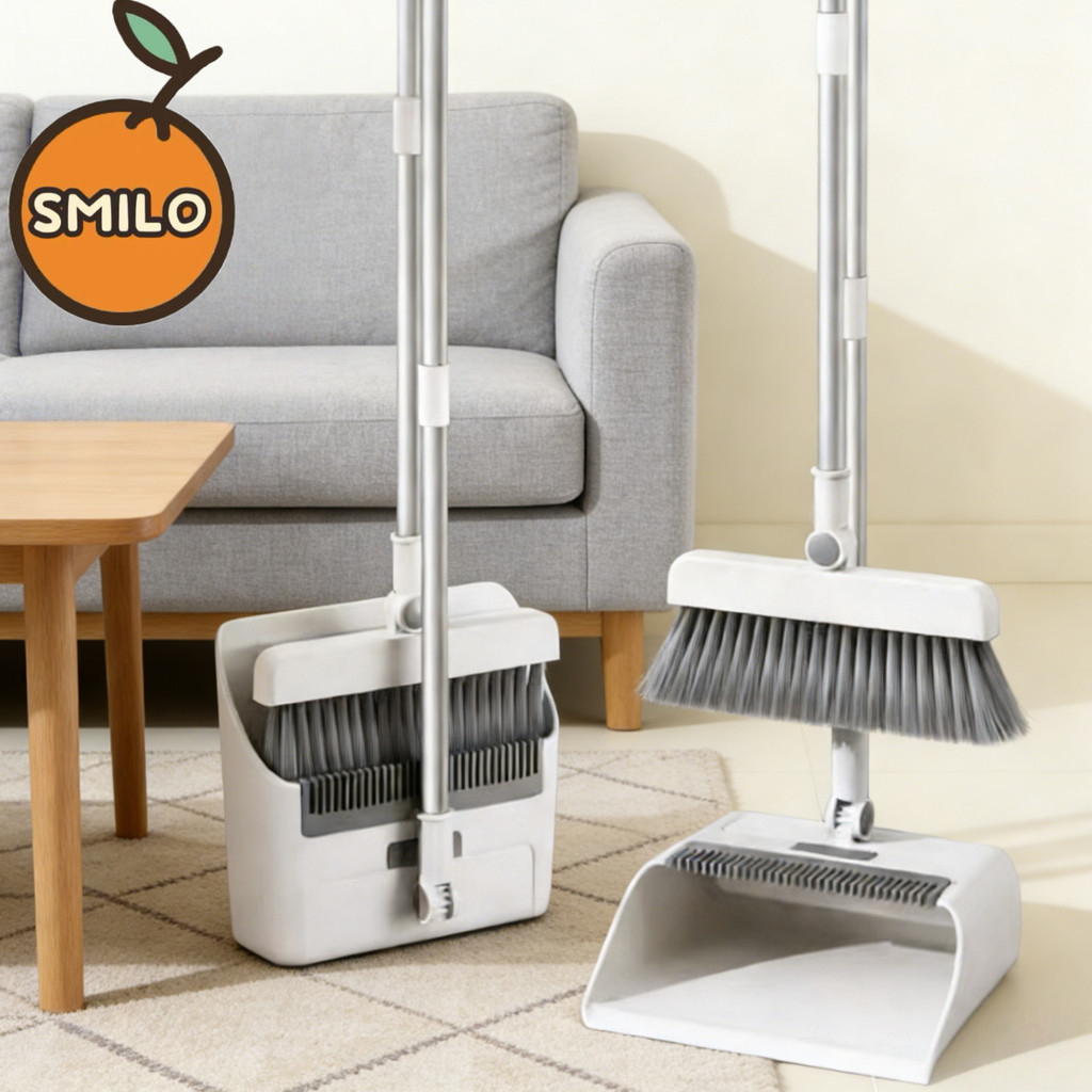SMILO ไม้กวาด ชุดไม้กวาด ขนาดใหญ่ ไม้กวาด+ที่โกยผง+แปรงขัดพื้น 3in1 สำหรับบ้านและออฟฟิศ