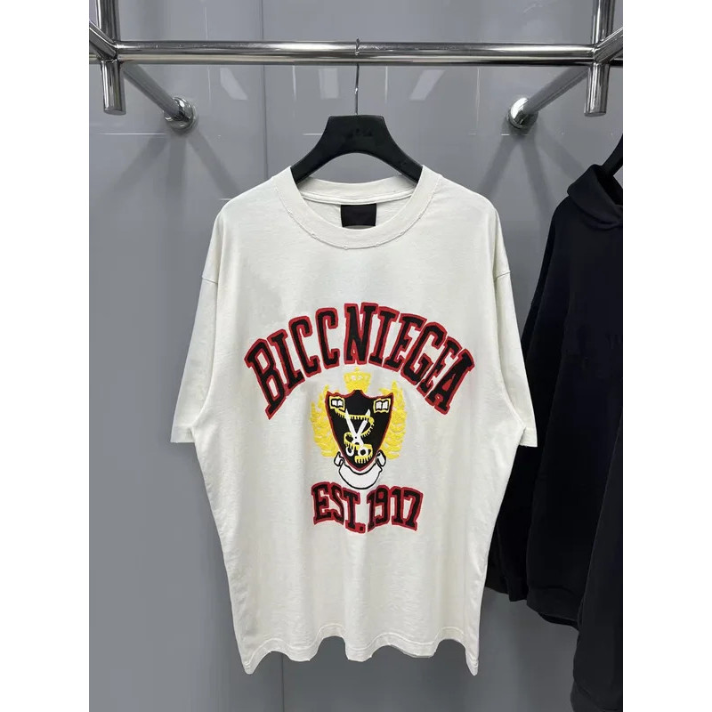 BLCCNIEGEA เสื้อแฟชั่นคุณภาพสูง Paris B พิมพ์ลายตัวอักษร ทรงหลวม ใส่ได้ทั้งชายและหญิง ผ้าฝ้าย แขนสั้นลำลอง
