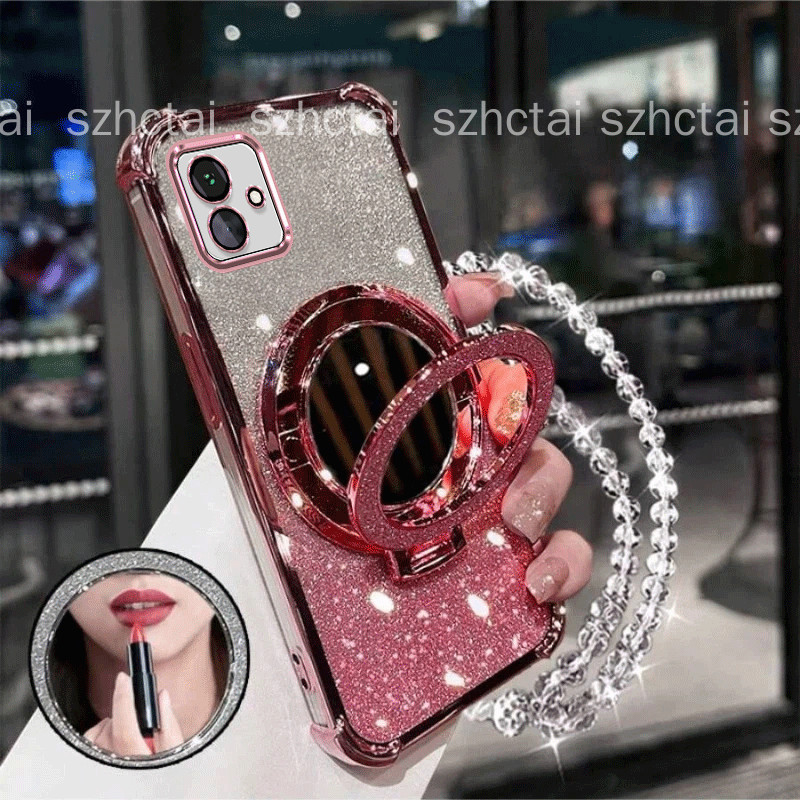 เคสสําหรับ Samsung A07 A06 A05 A04 A04E ประกายไฟ เคสโทรศัพท์สายรัดข้อมือสร้อยข้อมือโซ่เชือกเส้นเล็กกระจกยืนผู้ถือเคสโทรศัพท์สี่มุมป้องกันการตกกันกระแทก