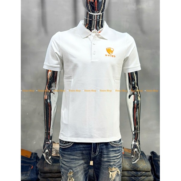 HR-P03 H.RHINO เสื้อยืดโปโลผู้ชาย สีส้ม สีขาว งานปักเต็มตัว ผ้าฝ้ายยืด 2 ทาง แบบมาตรฐานสวยงาม