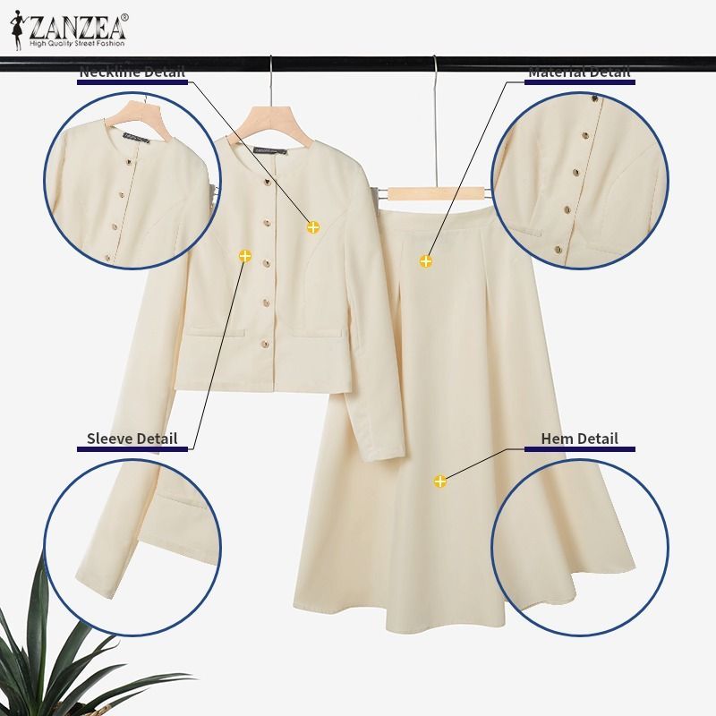 ZANZEA ผู้หญิงเกาหลี Elegant Office OL คอกลมแขนยาวกลับเอวยางยืด A-Line ชุดสองชิ้น — صورة 7