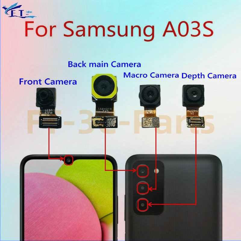 กล้องด้านหน้าด้านหลังสําหรับ Samsung Galaxy A03s กลับมาโครความลึก Facing หลัก Telephoto เซลฟี่ยกกล้อง flex cable เปลี่ยน
