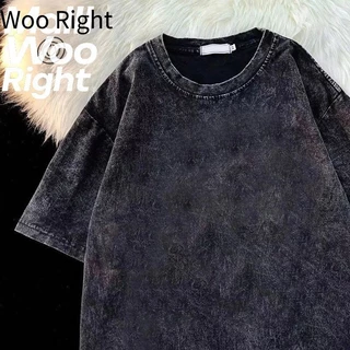 Woo Right เสื้อยืด เสื้อสีฟอก ใส่ได้ทั้งชาย-หญิง เสื้อสีพื้น ใส่สบาย ทรงหลวม oversize สีดำ แฟชั่น 3xl