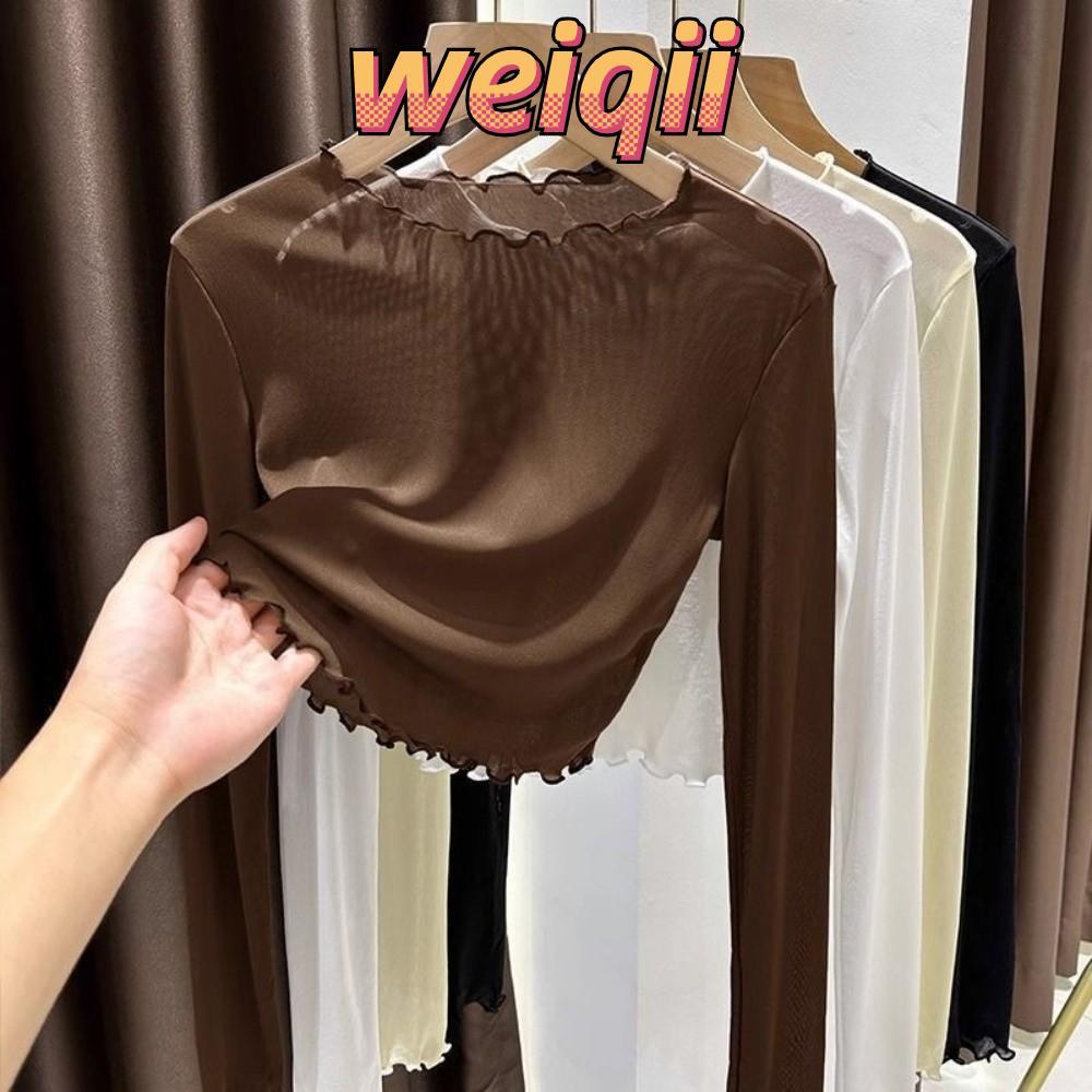 เว่ยชี่ เสื้อลูกไม้แขนยาวคอกลม ตาข่ายบางสั้น สีบริสุทธิ์โปร่งใส สำหรับผู้หญิงในฤดูใบไม้ผลิและใบไม้ร่วง