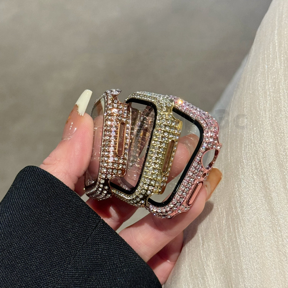เพชร Apple Watch Case กระจกนิรภัยสําหรับ iWatch Case 46 มม.45 มม.41 มม.Bling ป้องกันกันชนสําหรับ IWa