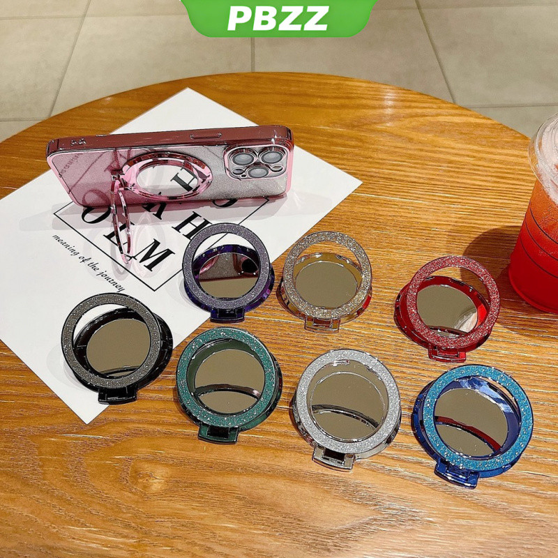 PBZZ สำหรับโทรศัพท์มือถือที่มีวงแหวนยึด ที่วางกระจกแต่งหน้า ขาตั้งหมุนได้ 360 องศา แฟลชเพชรหรูหรา วงแหวนพับโลหะ อุปกรณ์เสริมโทรศัพท์มือถือ