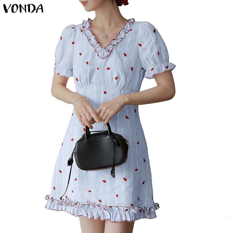 VONDA ผู้หญิงเกาหลีภาษาฝรั่งเศสคําหวาน V คอพัฟแขน Stripe Love พิมพ์ A-Line ชุดเดรสสายเดี่ยว