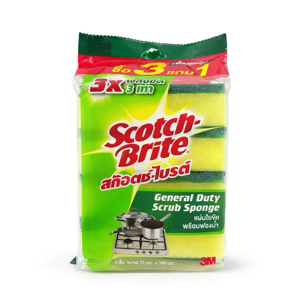 Scotch-Brite สก๊อตช์-ไบรต์ แผ่นใยขัดพร้อมฟองน้ำ 3 ชิ้น ฟรี 1 ชิ้น