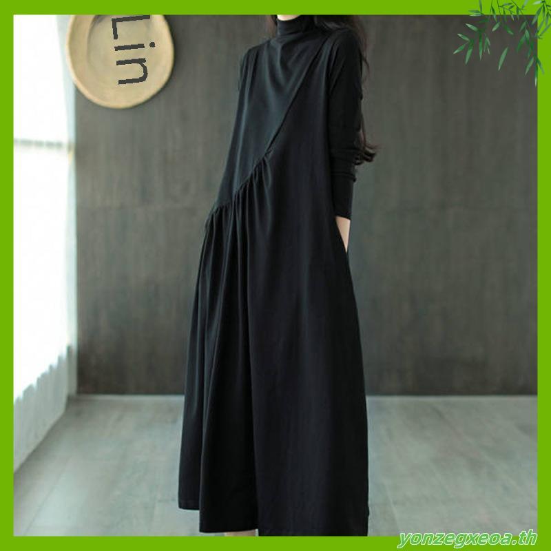 Tdg ชุดเดรสกระโปรง แขนยาว คอเต่า เอวสูง ทรงหลวม ขนาดใหญ่ สีพื้น สําหรับสตรี