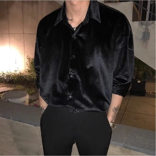 Velvet Loose Shirt เสื้อเชิ้ตผู้ชายผ้ากำมะหยี่เงางาม แขนยาวทรงOversize หรูหรา มี2สี ดำ/แดงไวน์ Size M-3XL