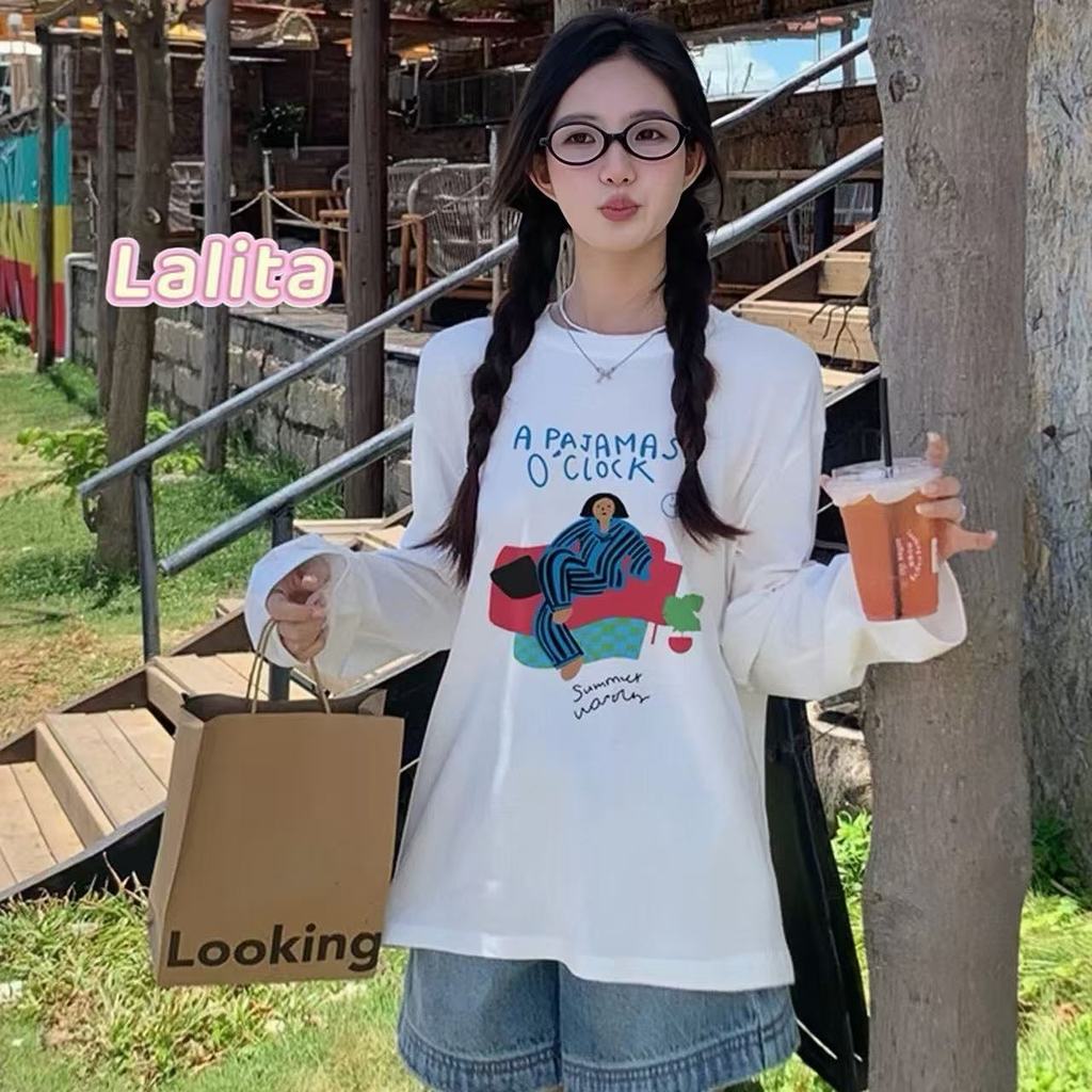 ส่งไวจากไทย เสื้อยืดผู้หญิง แขนยาว พิมพ์ลาย ทรงหลวม ใส่สบาย กันแดด ปาดไหล่ Lalita