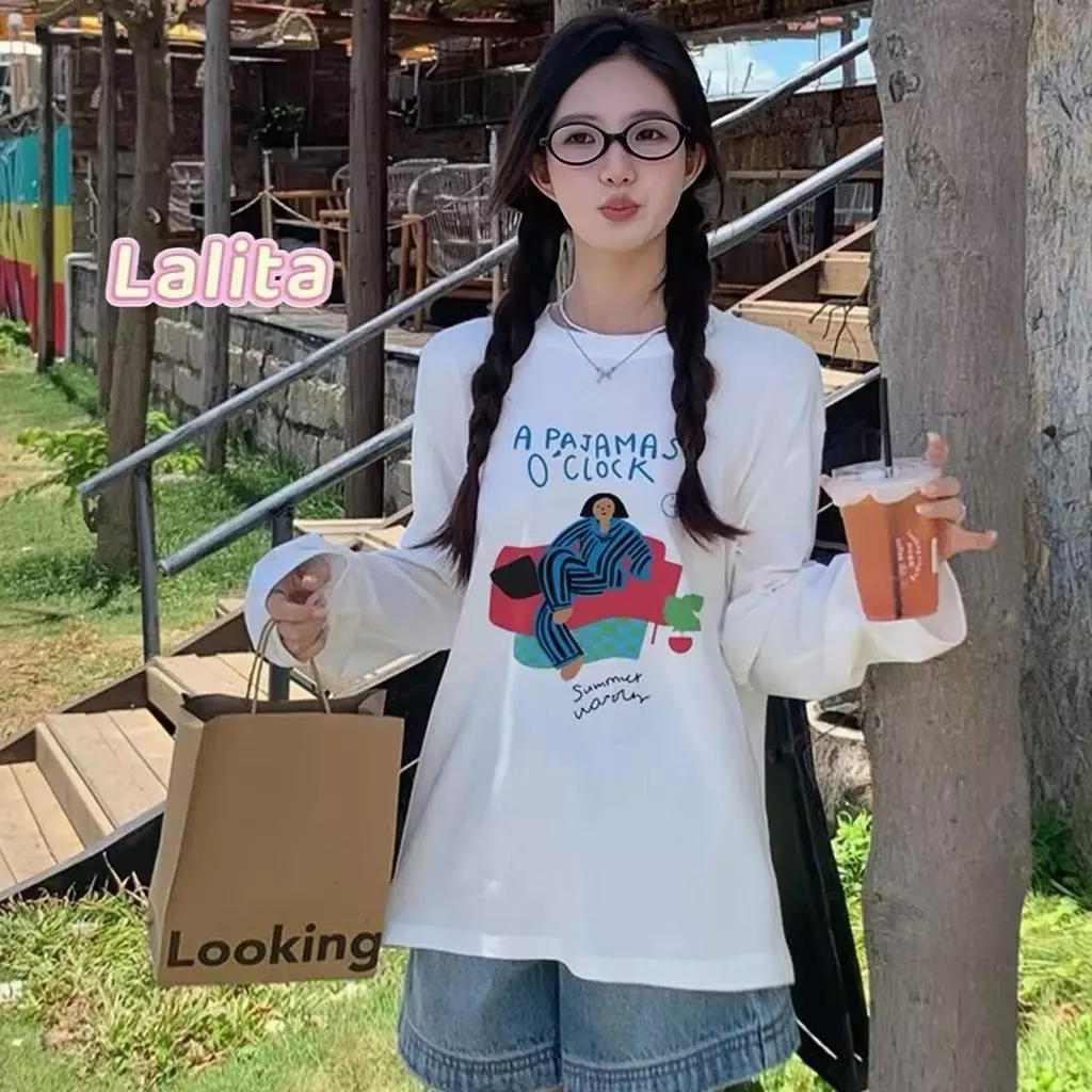 ส่งไวจากไทย เสื้อยืดผู้หญิง แขนยาว พิมพ์ลาย ทรงหลวม ใส่สบาย กันแดด ปาดไหล่ Lalita