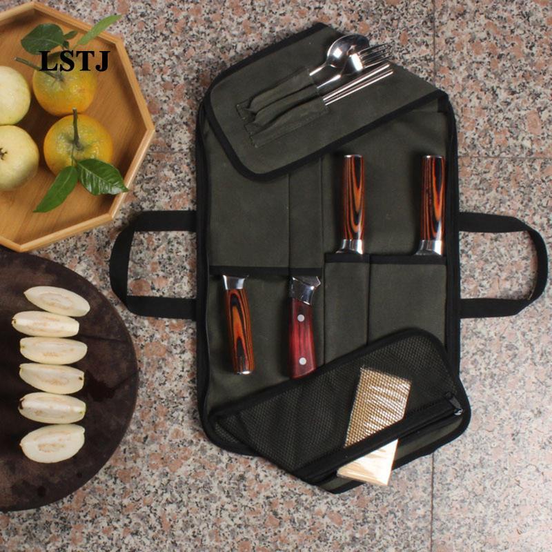 [Lstjj] Camping Tableware Storage Bag with Handle Cutlery Knife Pouch Holder Canvas Chef Knife Bag f