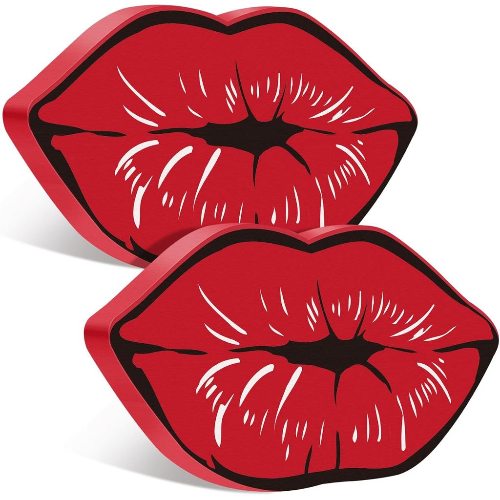 2 ชิ้นวันวาเลนไทน์ริมฝีปากตกแต่ง Kisses ป้ายวาเลนไทน์ตกแต่งในร่ม Glentines Day ตกแต่งไม้ Tiered ถาดต