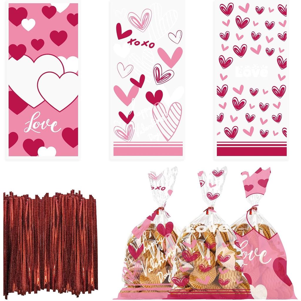 Hying 150 ชิ้น Happy Valentines Day Cellophane กระเป๋า Twist Ties สําหรับของขวัญ, สีแดงสีชมพูหัวใจถุ