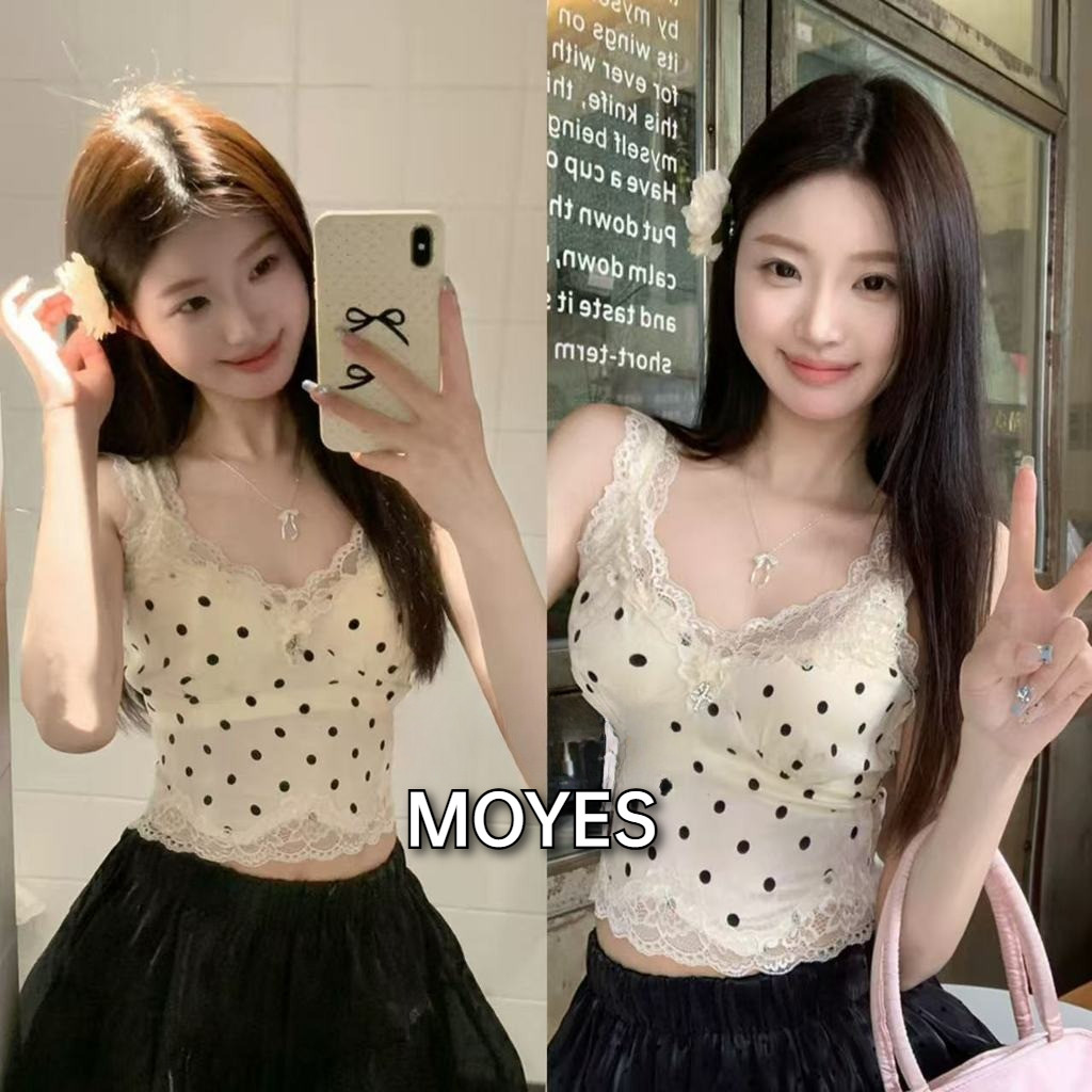 MOYES 🔥เสื้อสายเดี่ยวแขนกุดผ้าลูกไม้ลายจุดสีขาวสไตล์เรโทรฝรั่งเศสสำหรับผู้หญิง ดีไซน์ไม่ซ้ำใคร