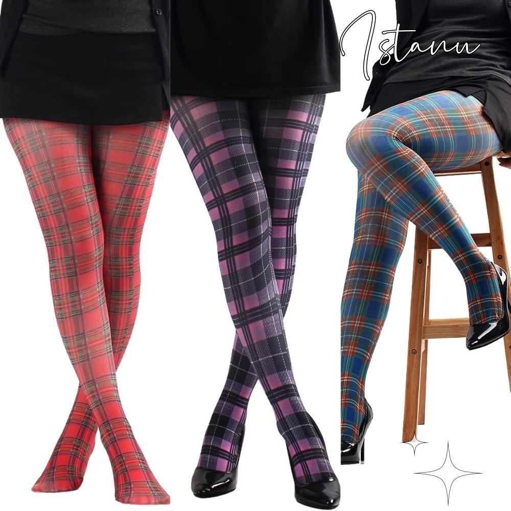 ISTANU พิมพ์ Tights,สีแดงสีม่วงสีฟ้าลายตารางผู้หญิง Pantyhose,แฟชั่นคลาสสิก Tartan Semi-Opaque High 
