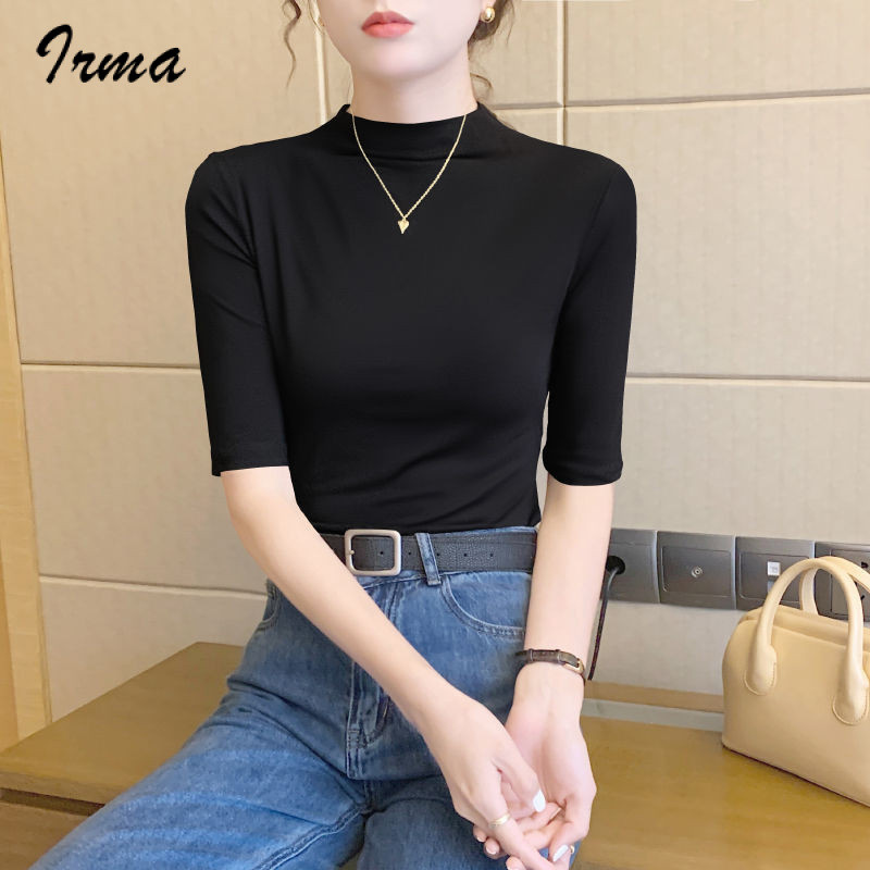 เสื้อยืดครึ่งแขนสตรี สไตล์ตะวันตก คอเต่า สลิมฟิต เหมาะสำหรับฤดูใบไม้ผลิและฤดูร้อน ราคา ถูกที่สุด ดีลบีเคเค