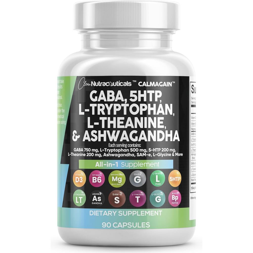Clean Nutraceuticals วิตามินรวม GABA, 5-HTP, L-Theanine และ Ashwagandha สำหรับทั้งผู้ชายและผู้หญิง