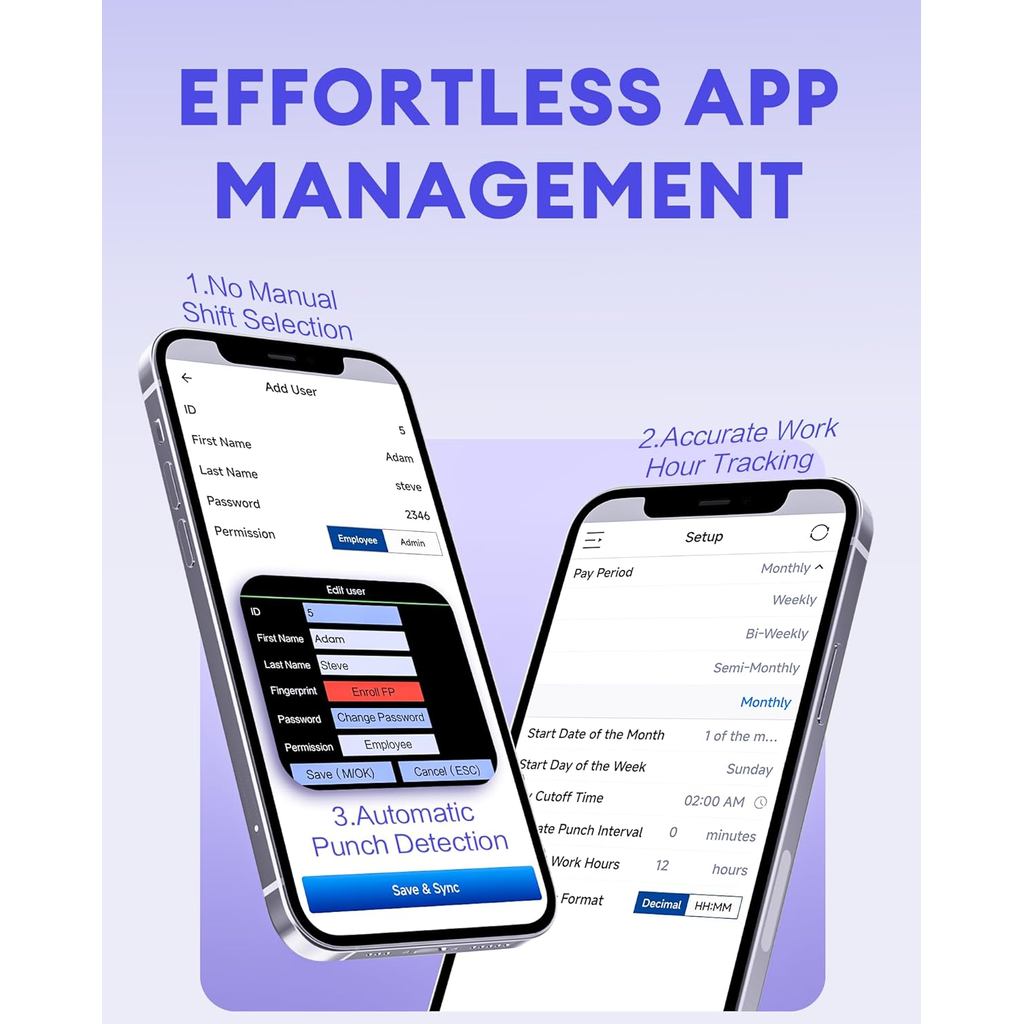 NGTeco APP-ตามนาฬิกาเวลาสําหรับพนักงานธุรกิจขนาดเล็ก, W2 (ลายนิ้วมือ+รหัสผ่าน) นาฬิกา Times, นาฬิกา 