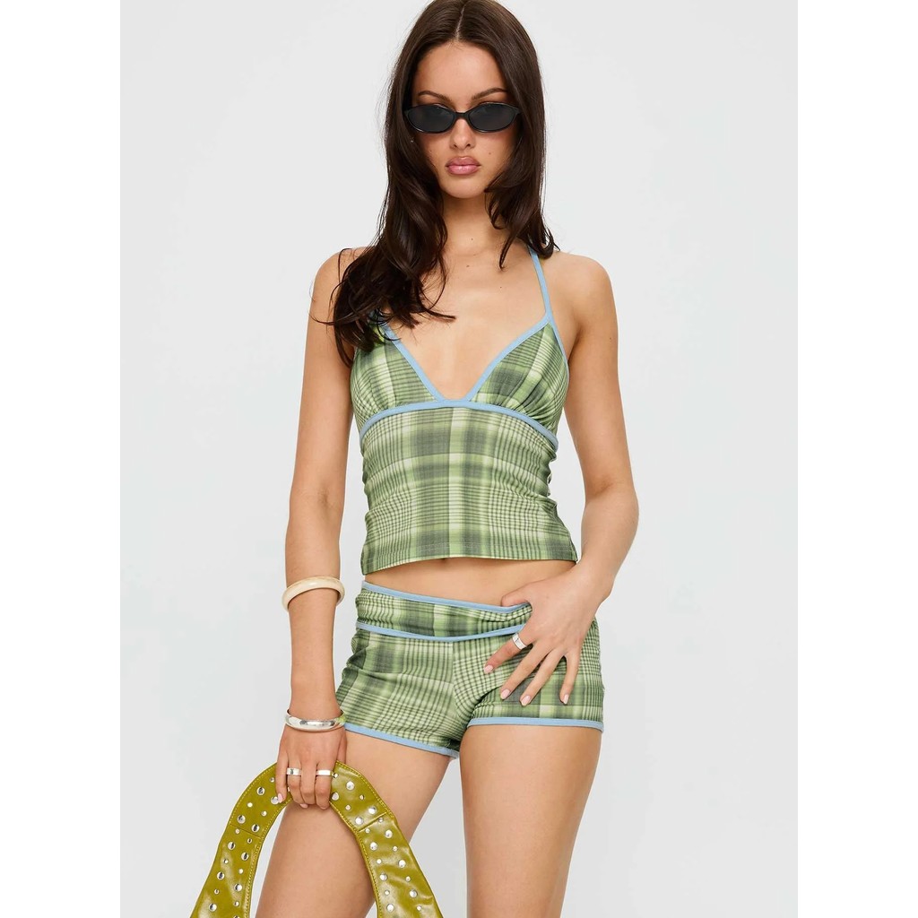Gwenny M-XL ชุดบิกินี่ลายสก๊อตสีเขียว โทนสีฟ้าอ่อน Trim V คอกางเกงขาสั้นเอวสูง เหมาะสำหรับชายหาดฤดูร้อน