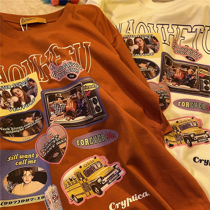 รอบย้อนยุคเกาหลีหลวมคออินผู้หญิงใหม่ด้านบนcodแขนสั้น宽松การ์ตูนฤดูร้อนเวอร์ชั่นเกาหลี20262022Printall-