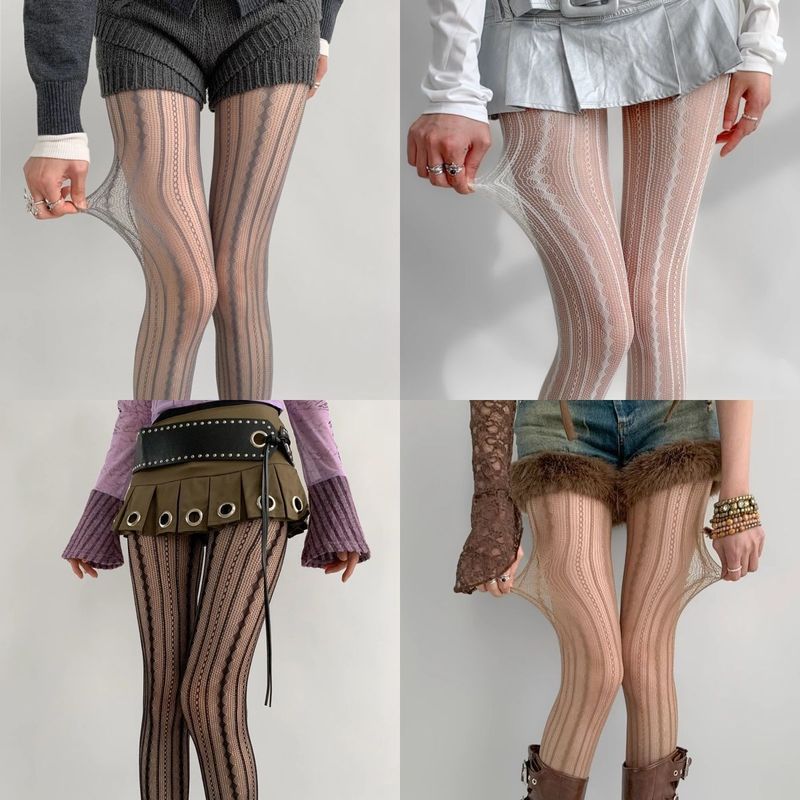 款丝袜女春夏竖条纹麻花镂空蕾丝渔网袜y2k辣妹感连裤丝袜3-26Women's Spr/summer Stocks with Vertical Stripes, Twisted Hollow Lace