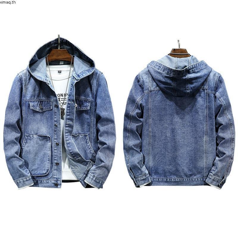 ผู้ชาย DENIM Jean Jacket สีฟ้าสีดํา Beanie หนา DENIM Unisex Casual