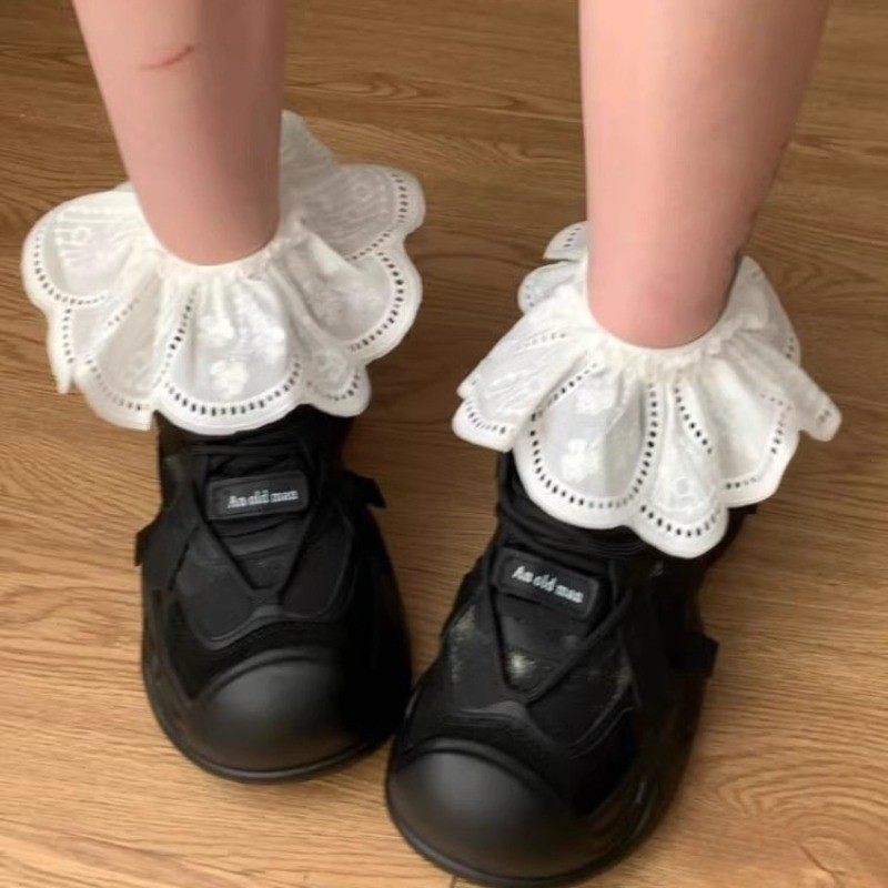 Lolita ผู้หญิง Harajuku Retro ลูกไม้ถุงเท้าโบว์ข้อเท้า JK Frilly Ruffle ผ้าฝ้ายเจ้าหญิงสาวงานแต่งงานสีขาวน่ารักบัลเล่ต์