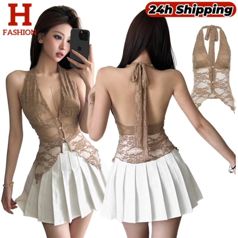 HOT 'พร้อมส่ง' เสื้อคล้องคอ ผ้าลูกไม้ซีทรู กระดุมหน้า ชายแหลม เข้ารูปไม่มีฟองน้ำ FY1183