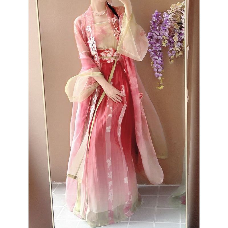 South City South [Peach Blossoms] ฤดูใบไม้ผลิพิมพ์Gradientเย็บปักถักร้อยเพลงMade Hanfuกระโปรงยาวหญิง