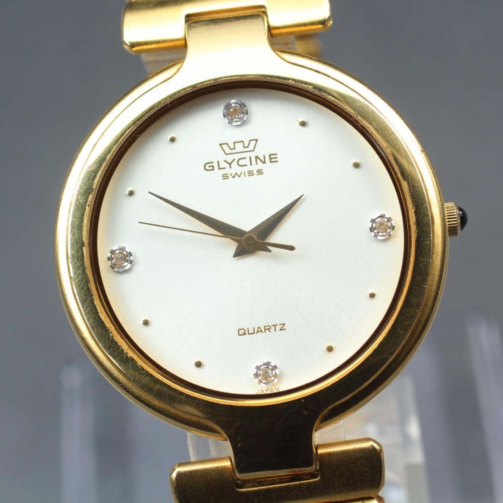 Near MINT Glycine Silver 4P Diamond GP Quartz 33mm Men's Watch