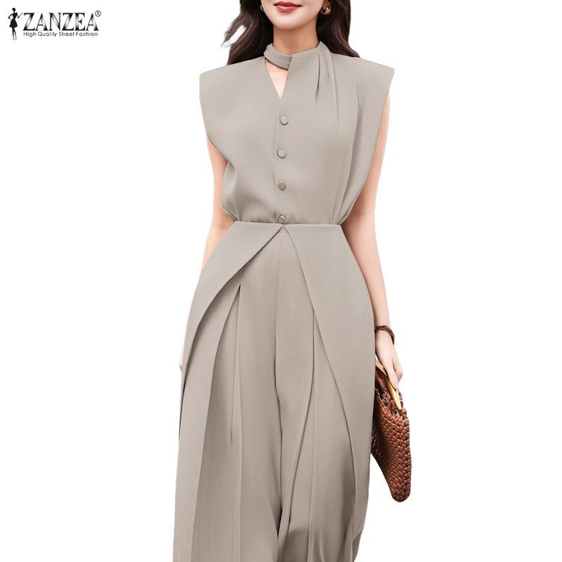 ZANZEA ใส่ ซานเซีย ผู้หญิงเกาหลีที่สง่างามสายคล้องคอออกแบบกระดุมแถวเดียวแขนกุดขากว้างชุดสองชิ้น