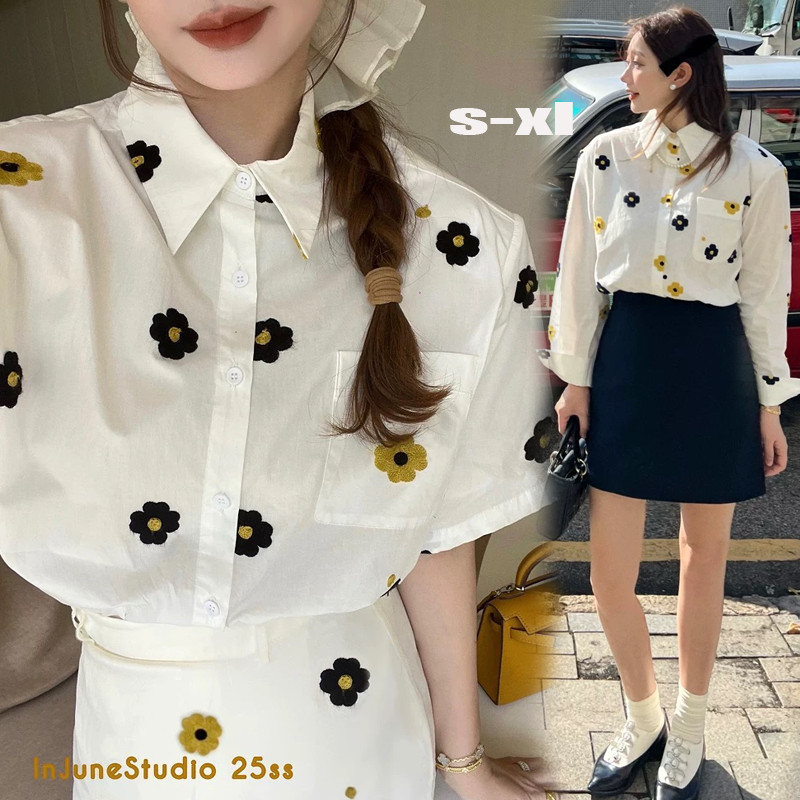 Dahong W717/W718 เสื้อเชิ้ตแขนยาว เสื้อเชิ้ตลำลอ สีโทนขาวละมุน เสื้อทรงคอปก ดีเทลลายดอกไม้เล็กสีดำเหลือง