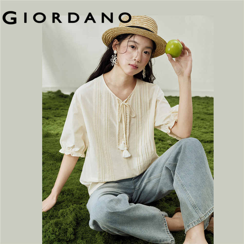 GIORDANO WOMEN Pure cotton pleated drawstring round-neck five-quarter sleeve woven shirt - High Quality 18346508