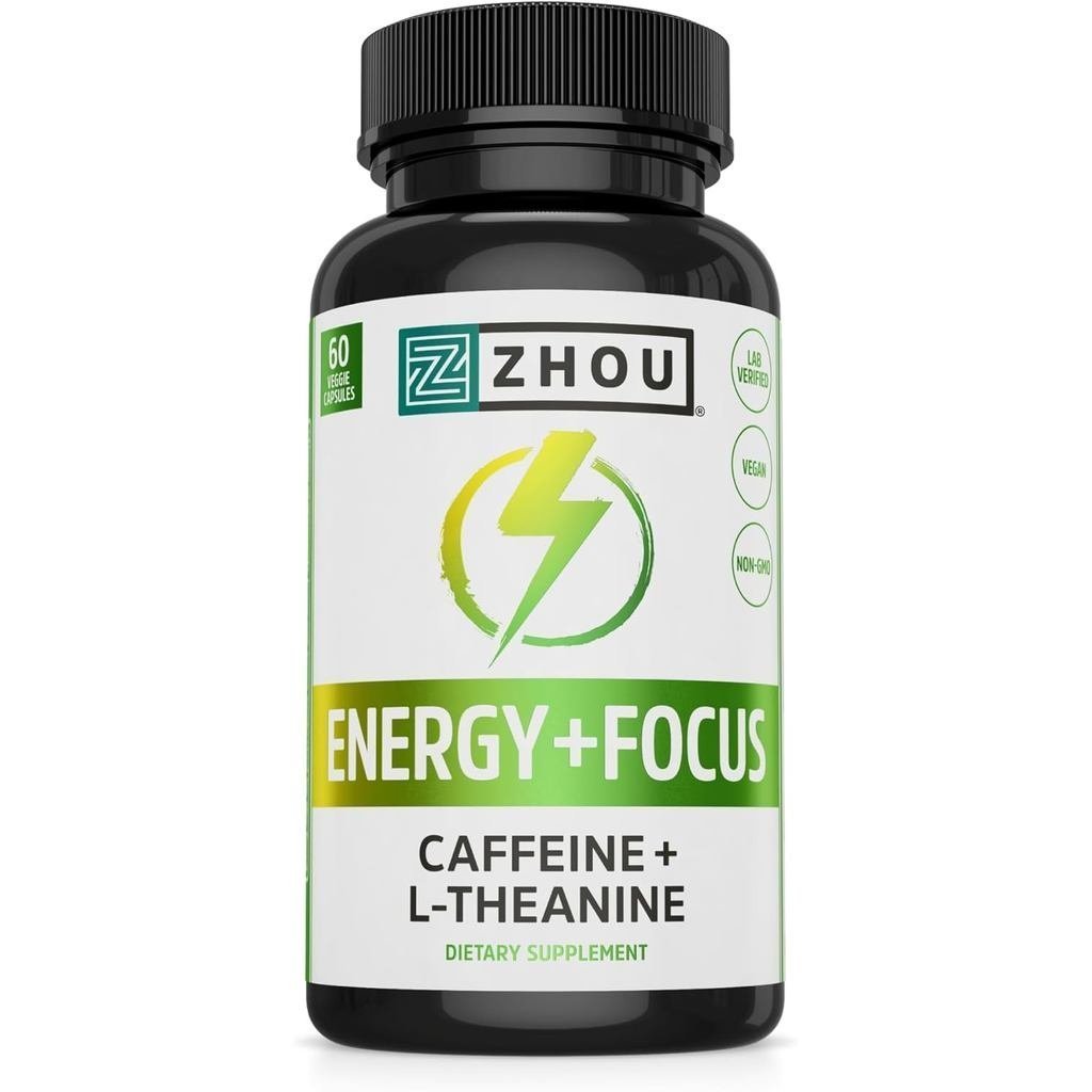Zhou Energy + Focus - L Theanine Caffeine Pills, 200mg L-Theanine, 100mg Natural Anhydrous Caffeine 