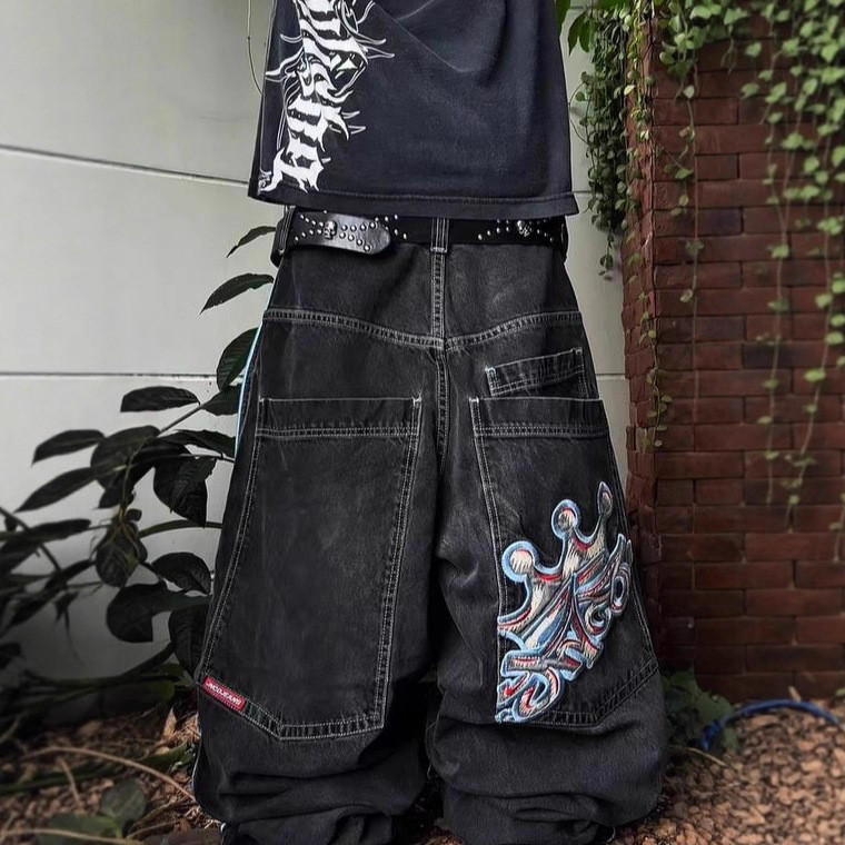 High Street JNCO กางเกงยีนส์ขากว้างปักลาย สไตล์ฮิพฮอป ใส่สบาย