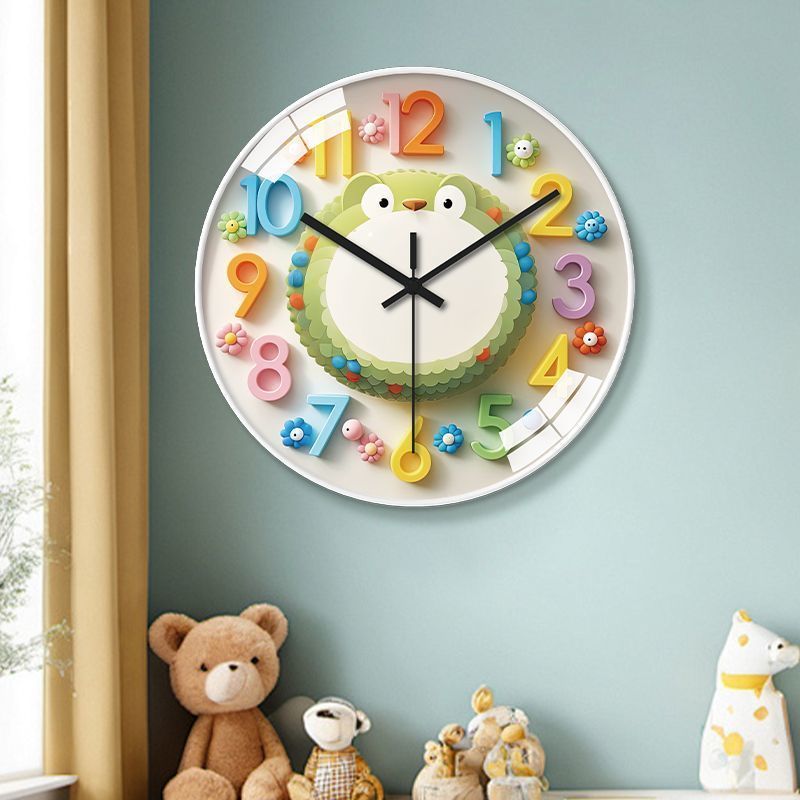 儿童卡通静音挂钟卧室书房石英钟表挂墙上免打孔装饰家用创意时尚1.7Children's Cartoon Silent Wall Clock Bedroom Study Quartz Clock Han