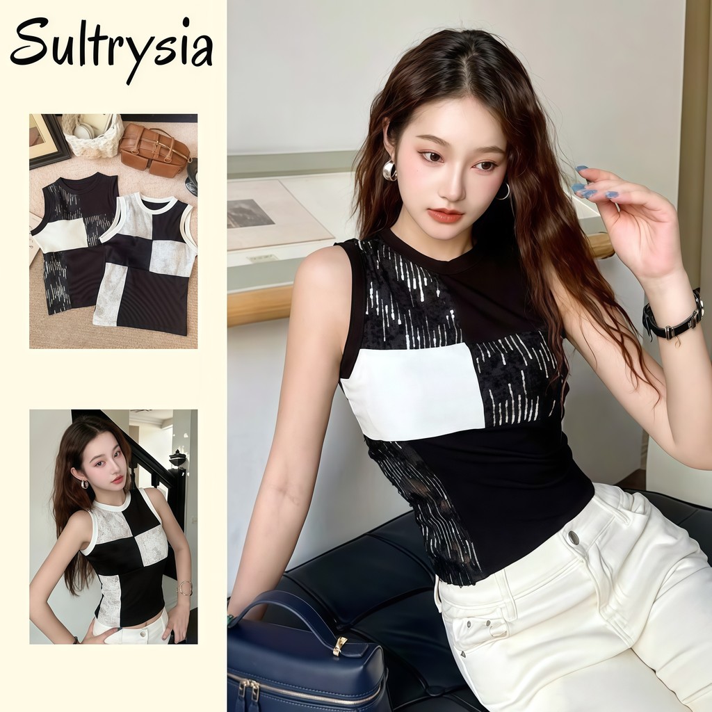 SultrySia เสื้อกล้ามผู้หญิงคอกลม ลายตารางสีขาวดำ มีฟองน้ำในตัว เข้ารูป เสื้อผู้หญิง FY1686-0