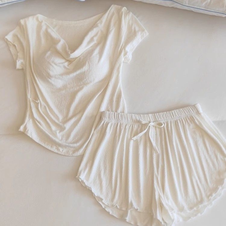 ชุดนอนผู้หญิงแบบเกาหลี แขนสั้น กางเกงขาสั้น มีแผ่นหน้าอก ทำจากผ้าฝ้าย ใส่สบายสำหรับการพักผ่อน