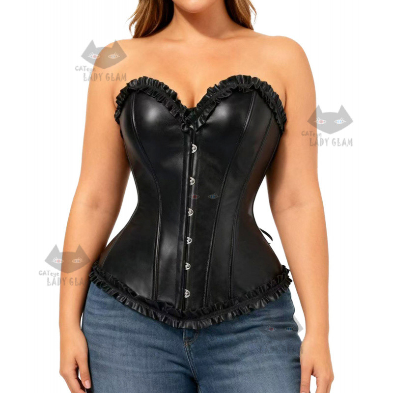 CATeye03172 LadyGlam Gorgeous Elegant Corset, Leather-effect Seamless Corset Vest with Ruffles & Bon