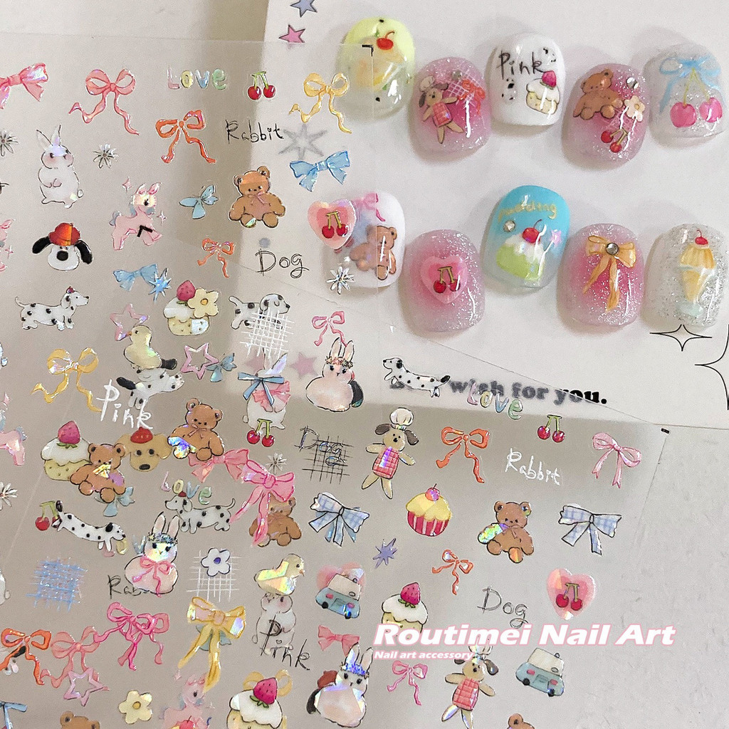 💖ในไทย💖ติกเกอร์โฮโลแกรม5D  ลายการ์ตูนหมี กระต่าย มีกาวในตัว สําหรับตกแต่งเล็บเจล